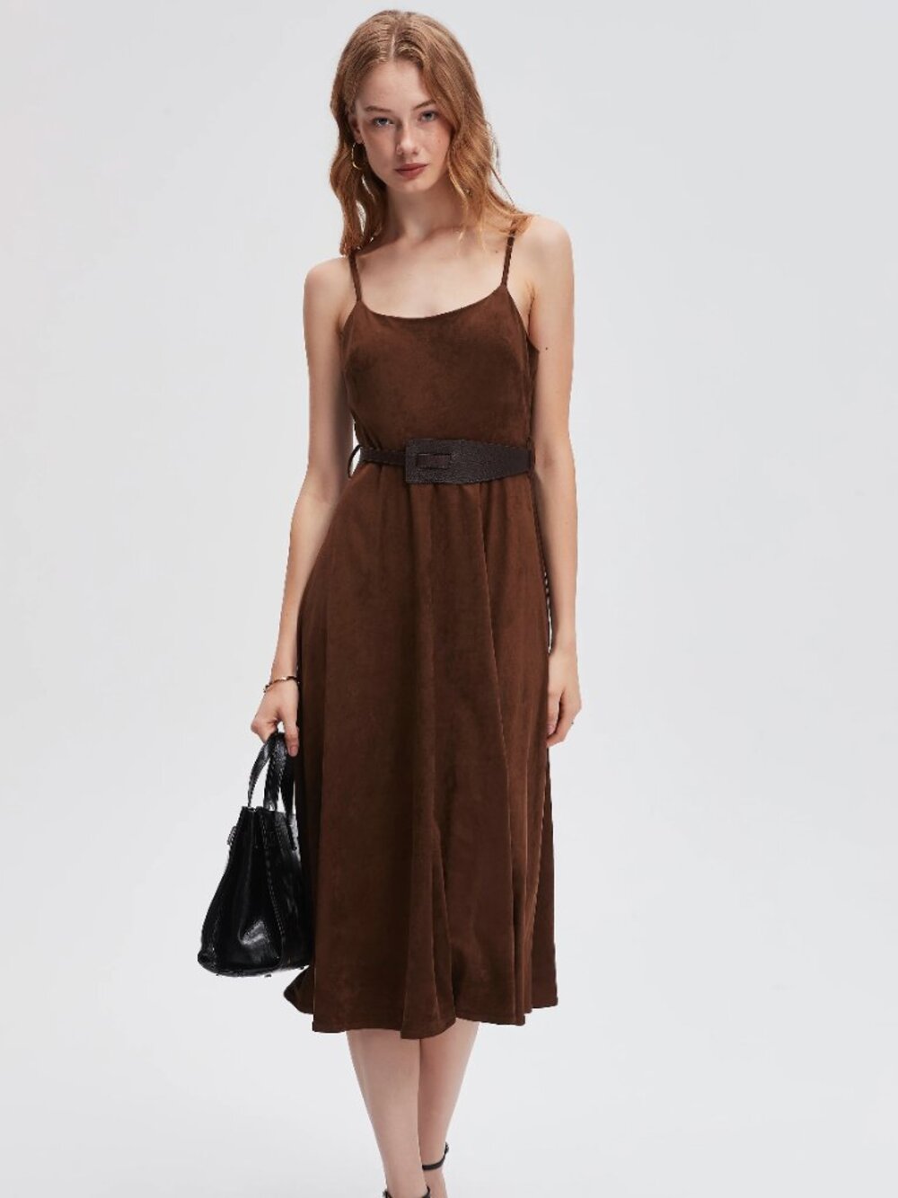 Menta Chocolate Brown Faux Suede Belted Midi Dress | Size Small